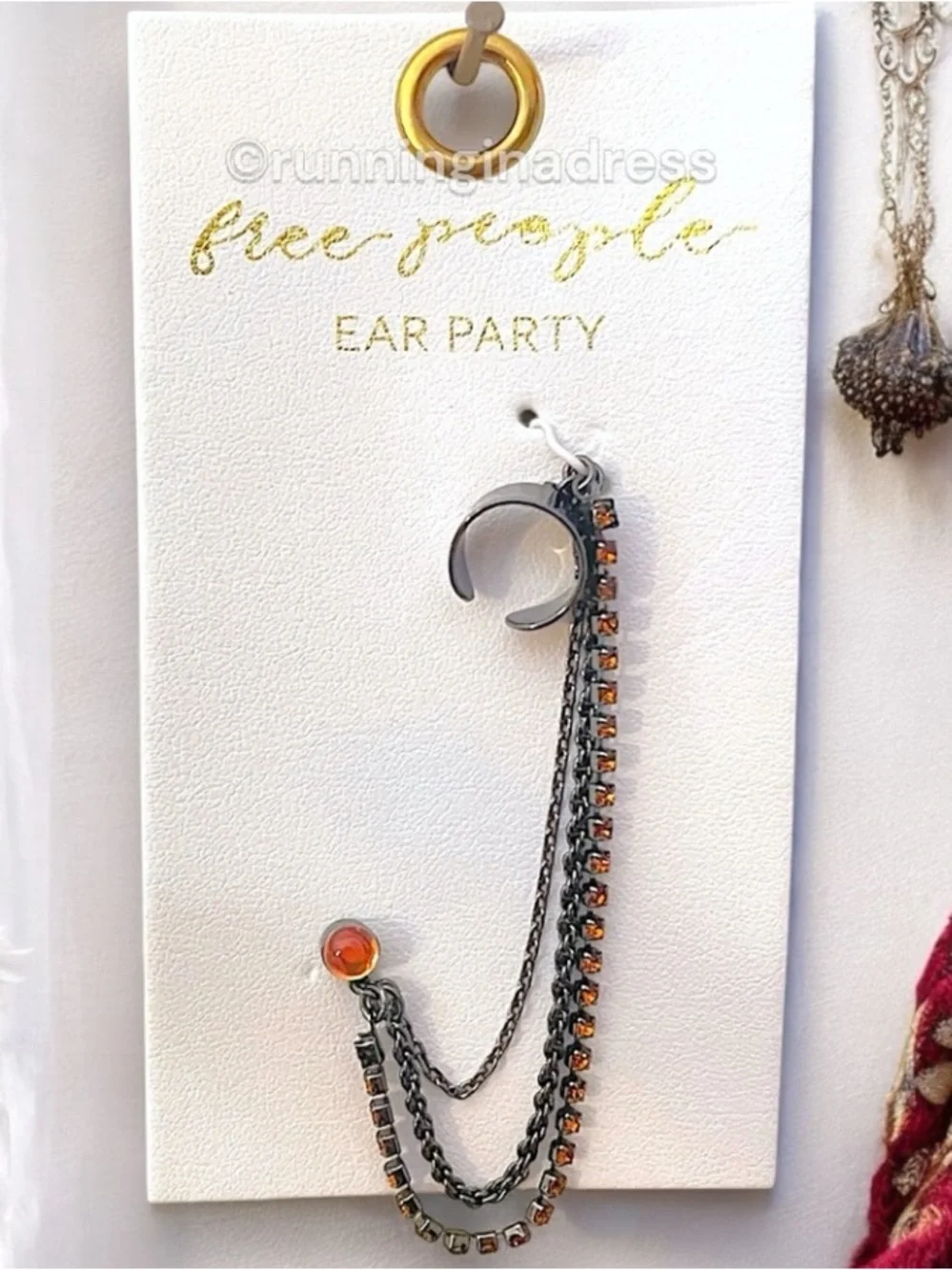 Free People Ear Party Chain Cuff Earring NWT Gunmetal Amber Orange Rhinestone